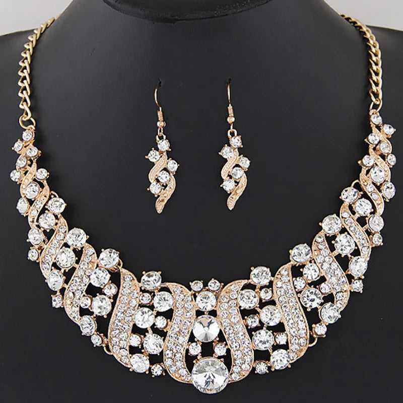 Romantic 2 Pieces/set Wedding Jewelry Set Shiny Crystal Bridal Jewelry Set Ladies Necklace Earrings
