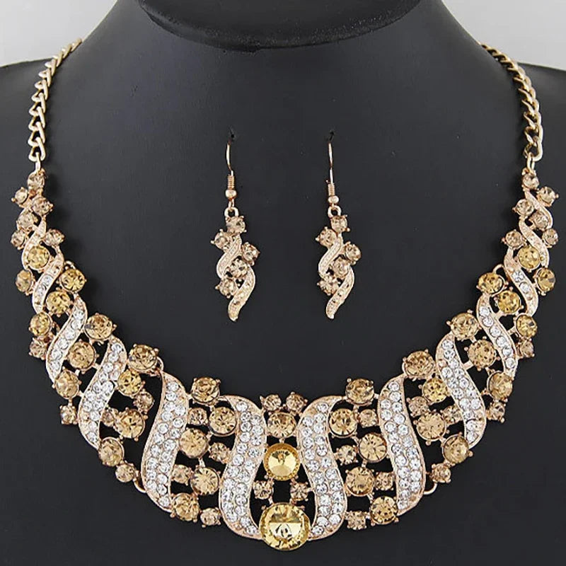 Romantic 2 Pieces/set Wedding Jewelry Set Shiny Crystal Bridal Jewelry Set Ladies Necklace Earrings