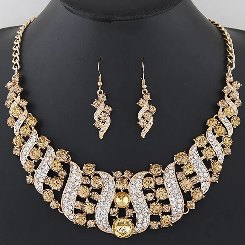 Romantic 2 Pieces/set Wedding Jewelry Set Shiny Crystal Bridal Jewelry Set Ladies Necklace Earrings