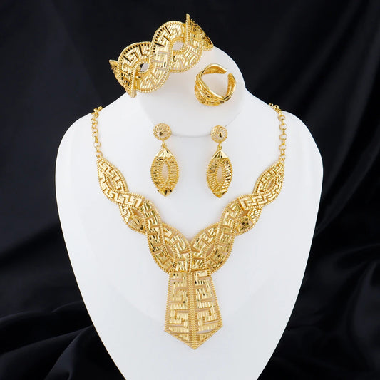 GOLD COLOR JEWELRY 24K Gold Plated Jewelry Set Weddings Earrings Necklace Ring Accessory Luxury Party Gifts